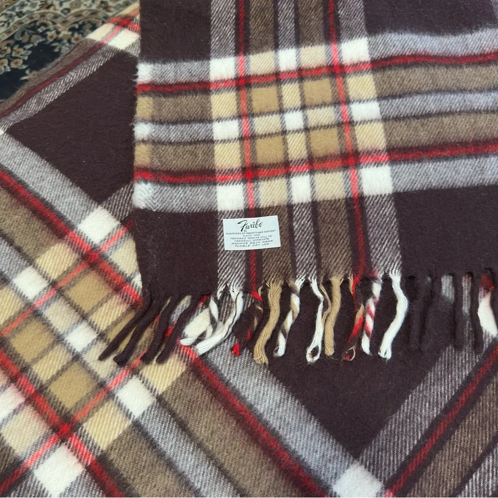Vintage Faribo Faribault Woolen Mill Plaid Wool Throw Blanket 56x50 Plaid Brown